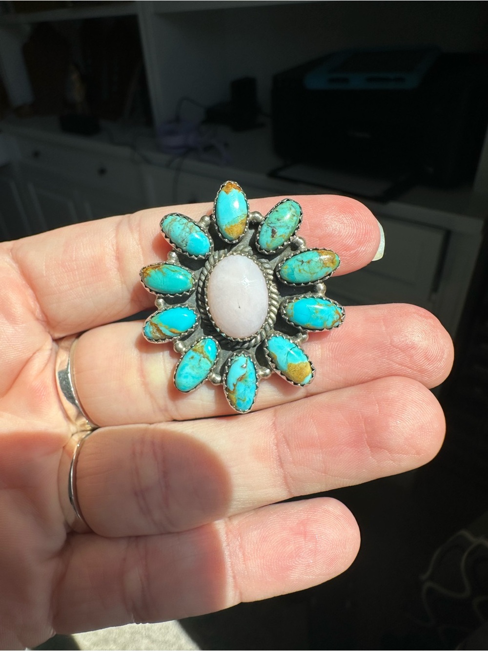 Adjustable Turquoise Cluster & Pink Opal Ring 💖🦋